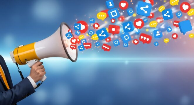 Social media marketing concept. Hand holding megaphone with flying social network icons. Digital advertising and viral content promotion strategy