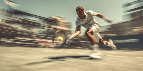 Fototapeta premium A tennis player racket blurs mid swing, striking the ball with intense focus and motion. The image radiates energy, precision, and athletic passion.