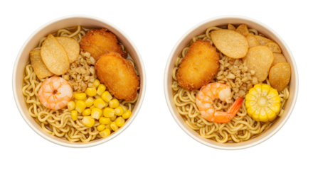 Two bowls of instant ramen with shrimp, corn, sausage, and fish cake, featuring noodles and broth, perfect for quick meals and Asian cuisine lovers