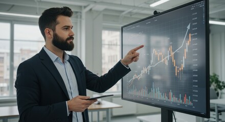 Man points at financial graph on screen indoors holding tablet.