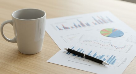 A mug pen and paper with charts on a wooden surface.