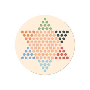 Flat Chinese checkers board game with colorful pawns on a hexagonal board. Classic childhood game perfect for recreation and fun at table. Ideal for family leisure, strategy hobbies, or skill