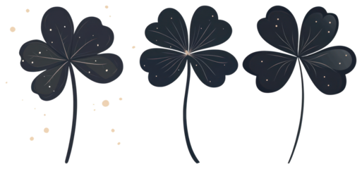 PNG Three dark four-leaf clovers with starry accents element set on transparent background.