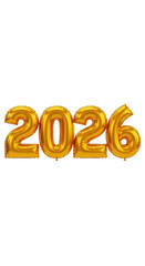Golden mylar balloons spelling out the year 2026, isolated on a transparent background, symbolizing the upcoming new year and future