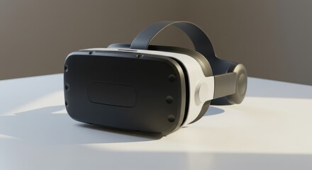 Virtual reality headset on a white surface with a gray background.