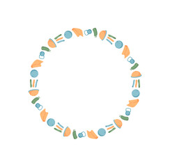 Minimal circle frame with round sport equipment including kettlebells, dumbbells, and sneakers. Vibrant fitness pattern in a seamless and colorful design. Ideal for gym, workout, health themes, this