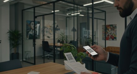 Man in suit holds phone in office with glass walled room.