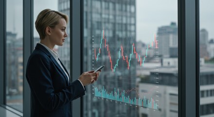 Businesswoman looks at stock market data on a phone in an office.