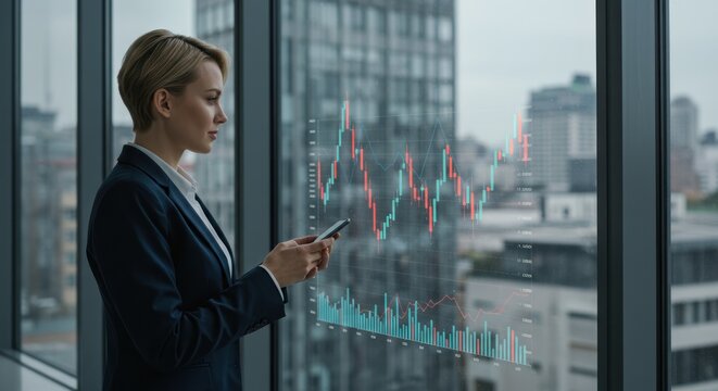 Businesswoman looks at stock market data on a phone in an office.