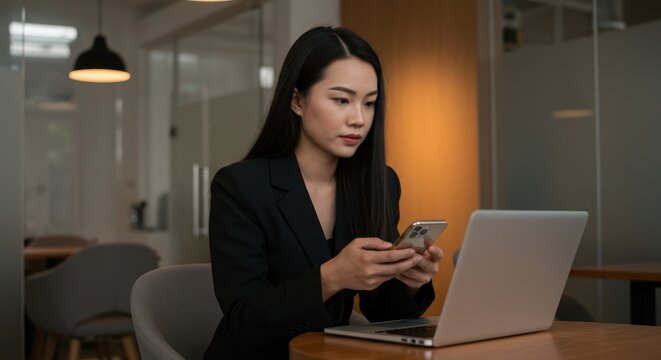 Asian woman in office setting using laptop and holding a mobile phone.