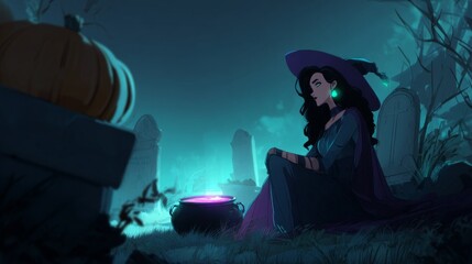 Woman witch brewing glowing potion in cauldron in dark graveyard. Halloween night scene with pumpkin and tombstones. Spooky magic ritual.