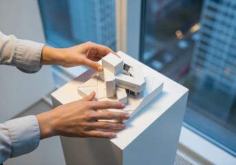 Hands Examining Architectural Model of Modern Building