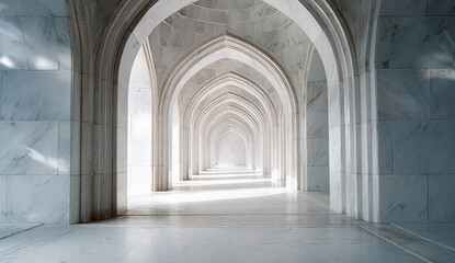 An endless white marble corridor with arched ceilings and natural light streaming in, creating a sense of depth and serenity.