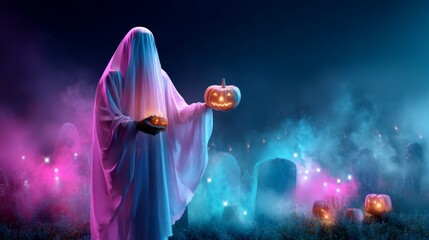Person dressed as a ghost holding glowing pumpkins in a foggy graveyard at night for Halloween celebration.