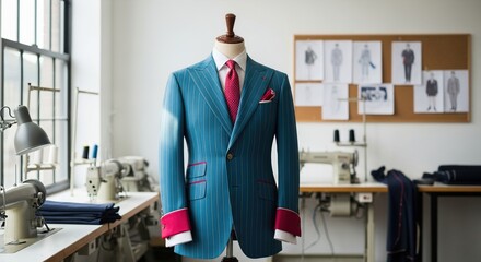 Blue Pinstripe Suit with Red Accents on Tailor's Mannequin
