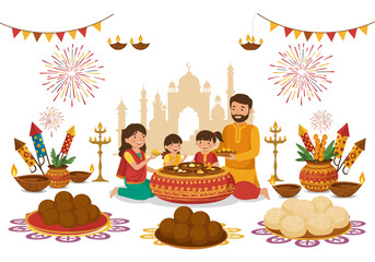 An Indian Family Celebrating the Diwali Festival with Traditional Food and Fireworks.