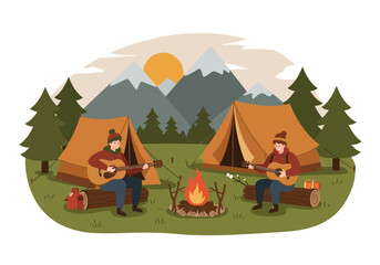 A Couple Camping Holiday Enjoying a Warm Evening by the Campfire