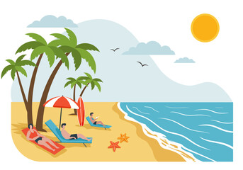 Obraz premium Two People Relaxing on a Beach with a View of Palm Trees and Surfboards.