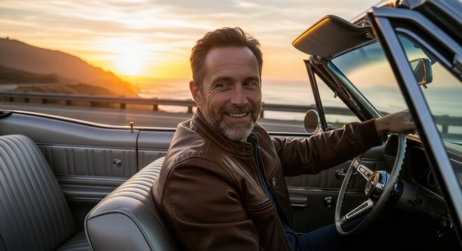 Man Driving Convertible Car at Sunset on Coastal Road