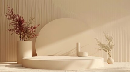 Beige aesthetic product display podium platform with plants for product presentation mockups