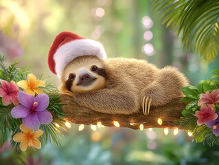 Sloth with Santa Hat on Tree Branch, Lights and Tropical Flowers - Merry Christmas, greeting card 