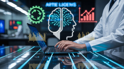 Scientist working on laptop with glowing artificial intelligence brain and data analytics visualizations in futuristic laboratory setting