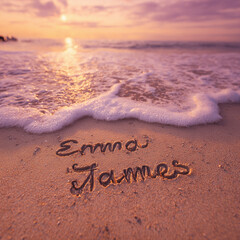 Fototapeta premium Emma and James Handwritten in Golden Wet Sand with Warm Sunset Glow and Pastel Beach Sky – perfect for anniversary greetings 
