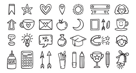 Random school elements set, primary cute icons, line art outline contour, monochrome, hand drawn