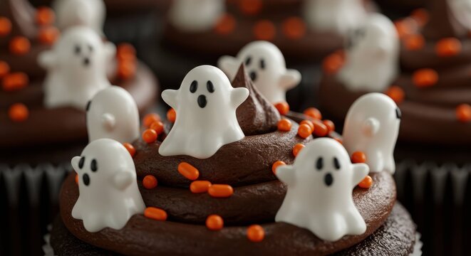 Halloween cupcakes with chocolate frosting and white ghost shaped candy decorations.