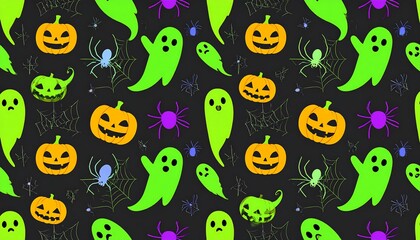Fototapeta premium Halloween pattern with ghosts, pumpkins, and spiders