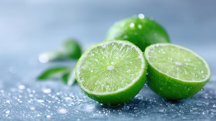 Fresh Limes with Water Droplets on Blue Background Still Life