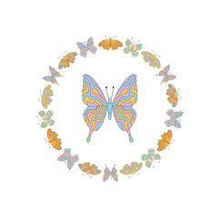 Groovy psychedelic butterfly pattern in a circle border. Retro frame with colorful y2k style and abstract graphic look, ideal for trendy artistic or vintage themes.