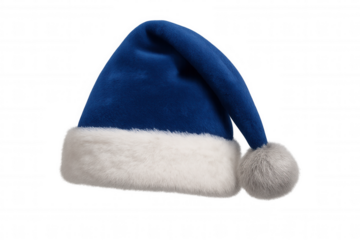 Blue christmas hat with white fur trim and gray pom-pom, representing holiday, celebration, and winter season