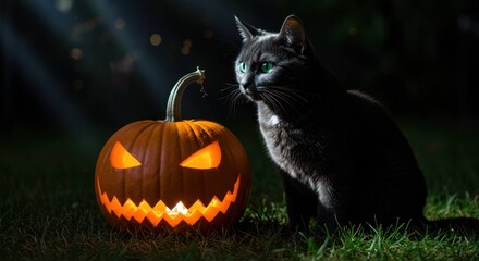 Black cat sits near a carved halloween pumpkin outdoors at night.