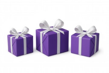 Purple gift boxes with white ribbons for anniversaries, birthdays, and holiday celebrations, transparent background