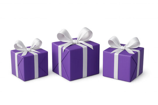 Purple gift boxes with white ribbons for anniversaries, birthdays, and holiday celebrations, transparent background