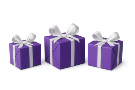 Purple gift boxes with white ribbons for anniversaries, birthdays, and holiday celebrations, transparent background