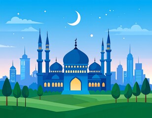 Night scene of a mosque in a city