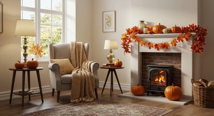 Cozy living room with fireplace decorated for autumn with pumpkins and fall foliage.