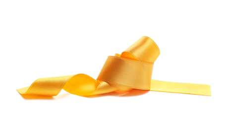 Yellow ribbon curly isolated on white, clipping path, side view