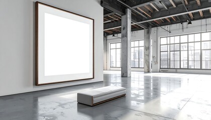 A spacious, modern art gallery interior, featuring a large, empty framed canvas, with a bench, concrete floor, and expansive windows