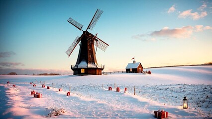 Celebrate a picturesque winter holiday season with a snow-covered windmill and gifts, creating a cozy and festive Christmas atmosphere in the countryside
