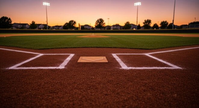 Baseball diamond at sunset.  Home plate center,  soft light,  grassy field.  Suburban backdrop