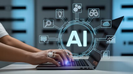 Person using laptop with ai technology and digital icons overlay
