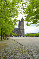 Magdeburg, Germany 04-20-2024 cathedral building and cathedral square, vertical view