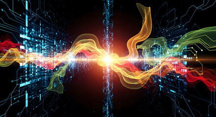 Dynamic digital energy flow illuminates futuristic circuit board with vibrant light waves, representing innovation and data streams.