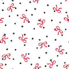bow with spots seamless vector pattern. red ribbon on white ground. Valentines day. Repeat pattern. cute polka dots with fun sketchy bow illustration. for stationary, paper, wrapping, nightwear, girls