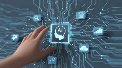 Human hand interacting with a glowing ai brain icon on a digital circuit board