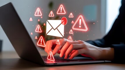 Cybersecurity threat alert with email and warning symbols over laptop user