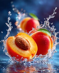 Conceptual image of apricot halves levitating midair with splashes of juice, bold studio lighting, dramatic dark background, surreal but photorealistic detail, high impact composition 